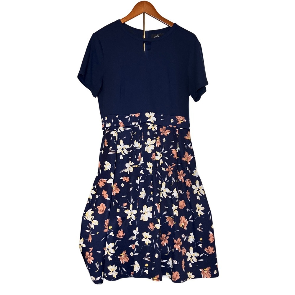 YATHON Size XL Navy Blue Floral Fit Flare Midi DressKeyhole Neck Short Sleeve